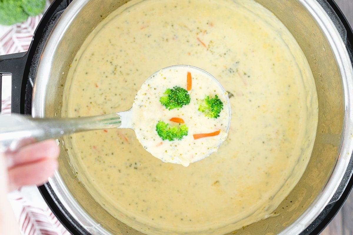ladle of broccoli cheddar soup 