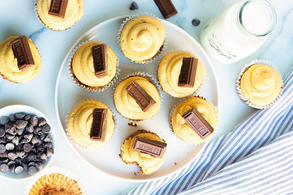 overhead of brownie cupcakes on a serving platter 