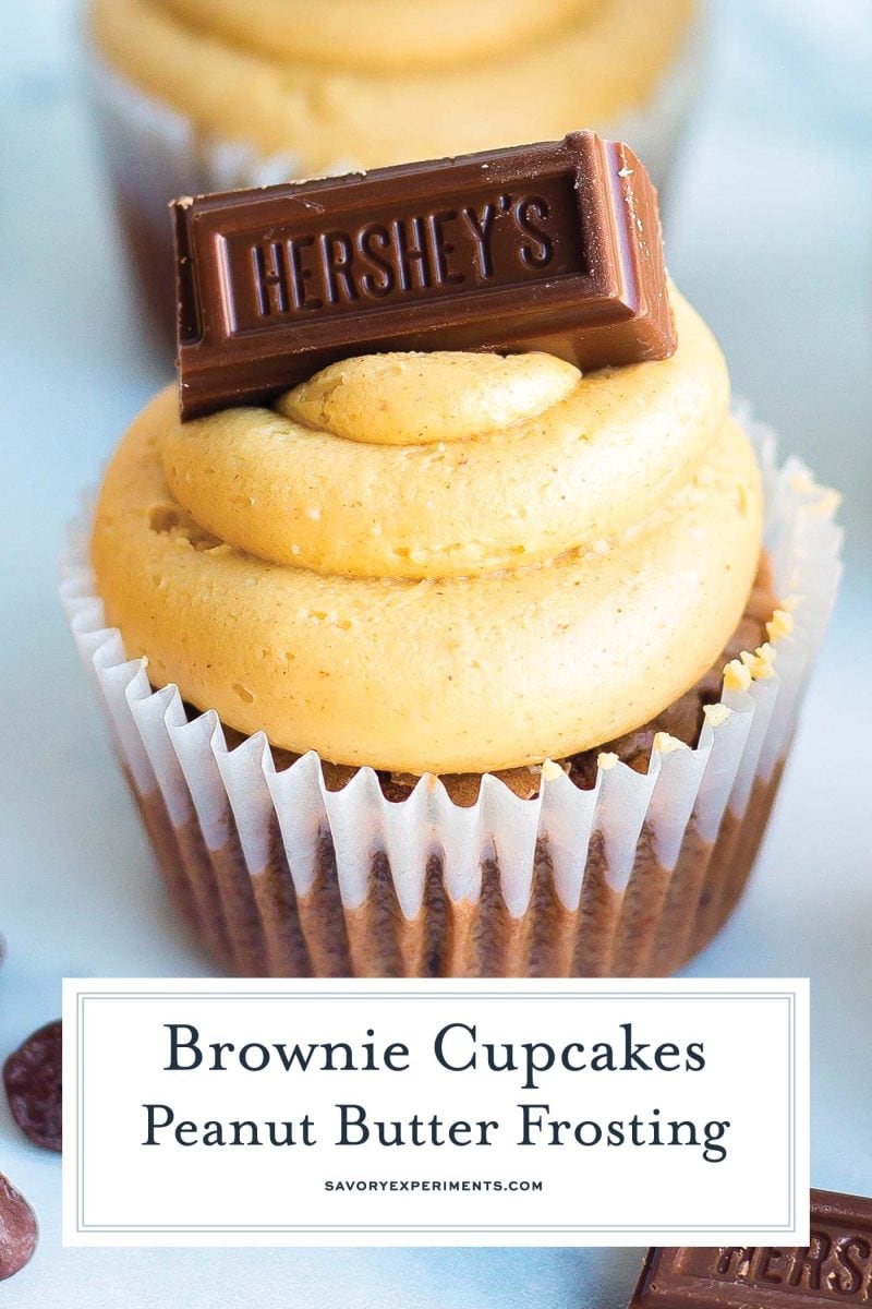 close up of brownie cupcake with peanut butter frosting for pinterest 