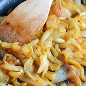 close up of caramelized onions in a skillet