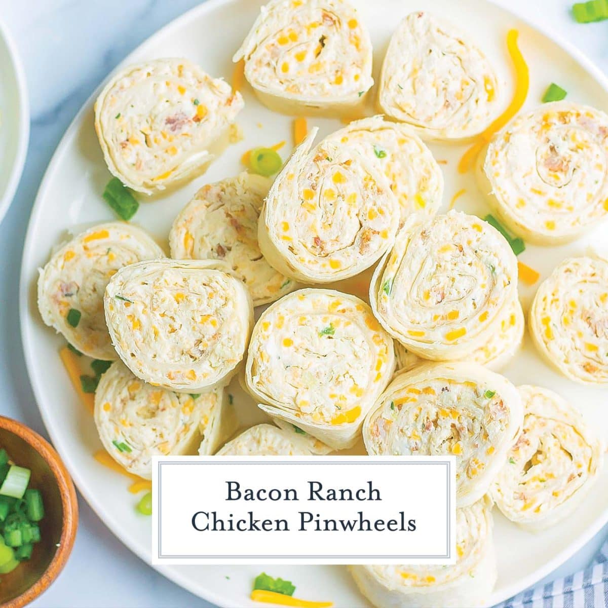 overhead of cream cheese chicken pinwheels on a plate