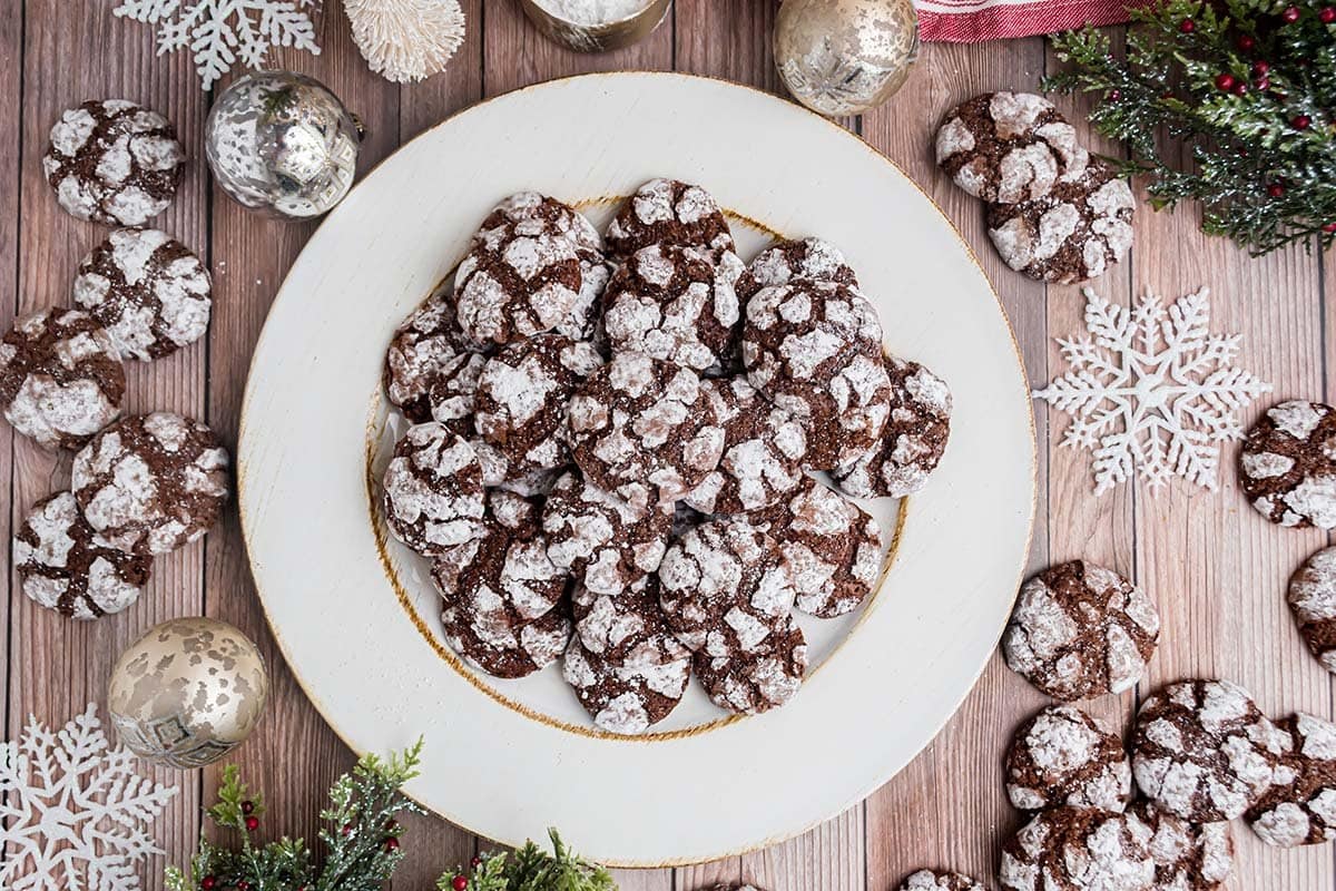 overhead of plate of chocolate crinkle cake 