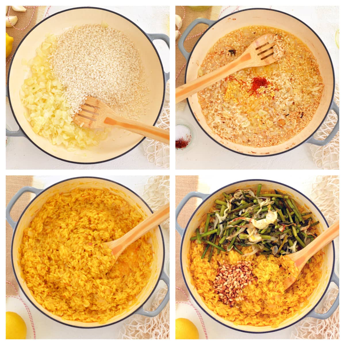 collage of how to make lemon saffron risotto