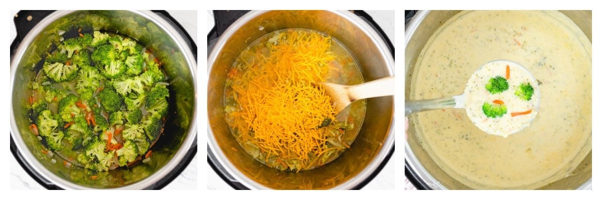 step-by-step images of how to make broccoli cheddar soup in an instant pot 