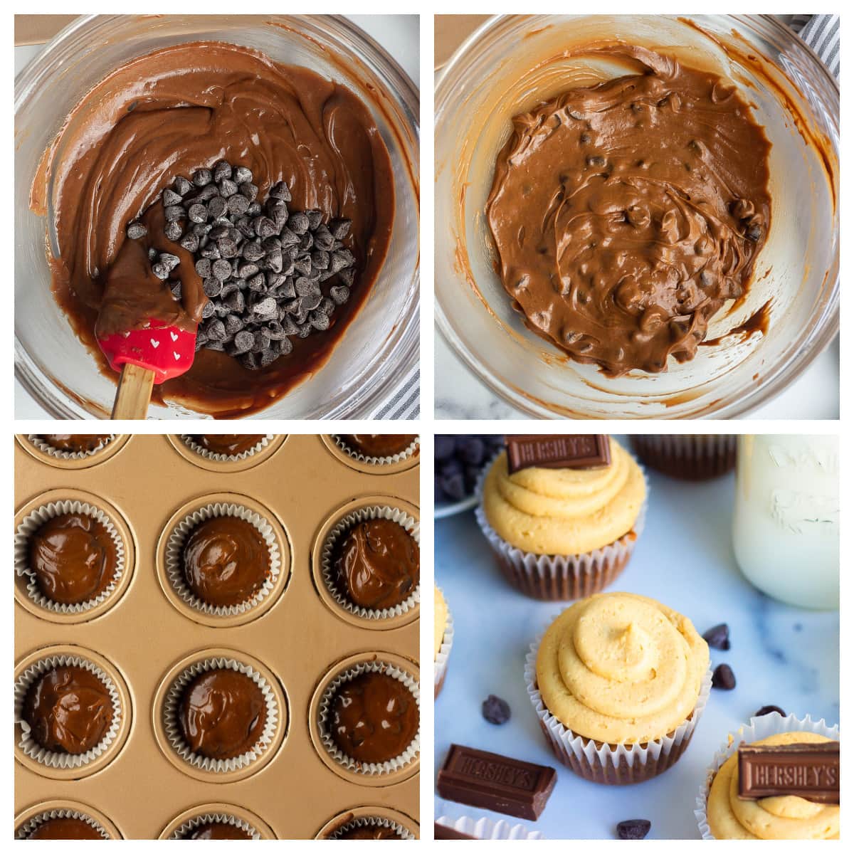 step-by-step collage of how to make brownie cupcakes 