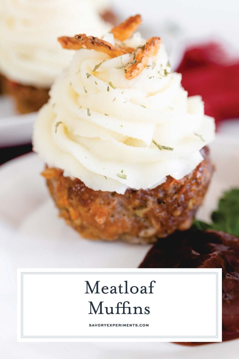 close up of meatloaf muffin with mashed potato frosting  