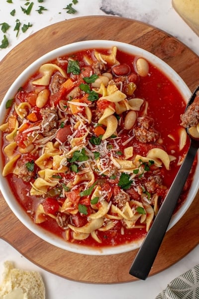 pasta e fagioli soup in a bowl with a spoon