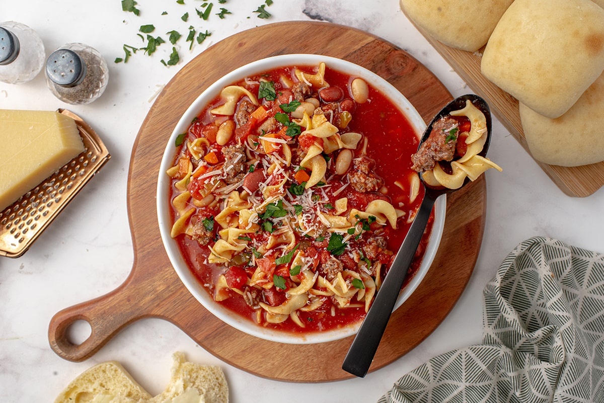 pasta e fagioli soup in a bowl with a spoon