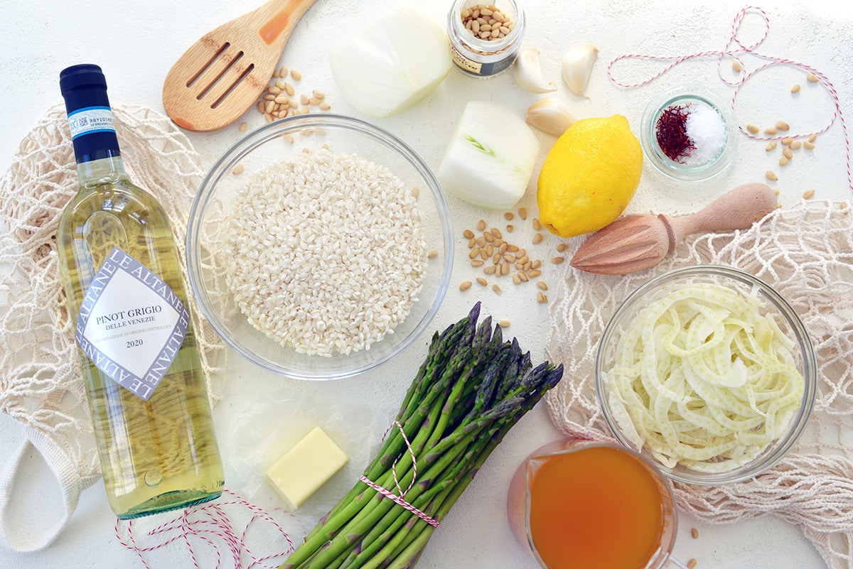 overhead shot of lemon saffron risotto ingredients