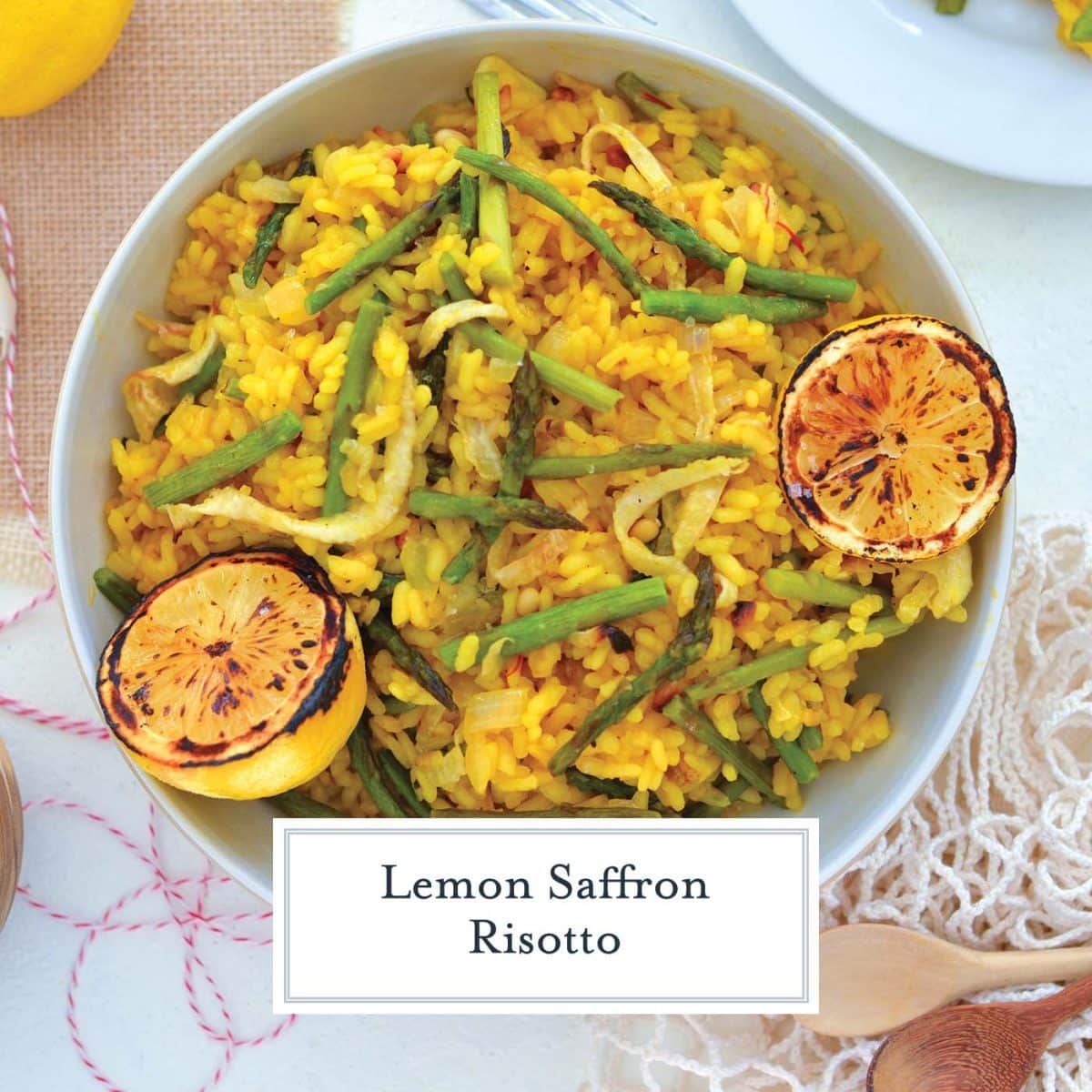 overhead close up of saffron risotto in a white bowl 