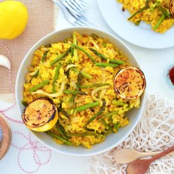 overhead lemon risotto in a white bowl