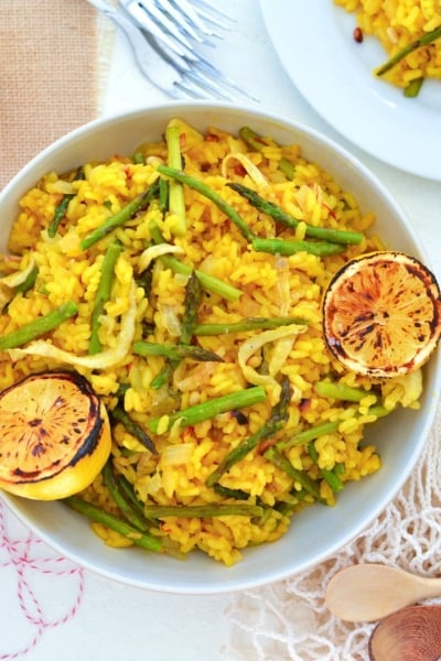 overhead lemon risotto in a white bowl