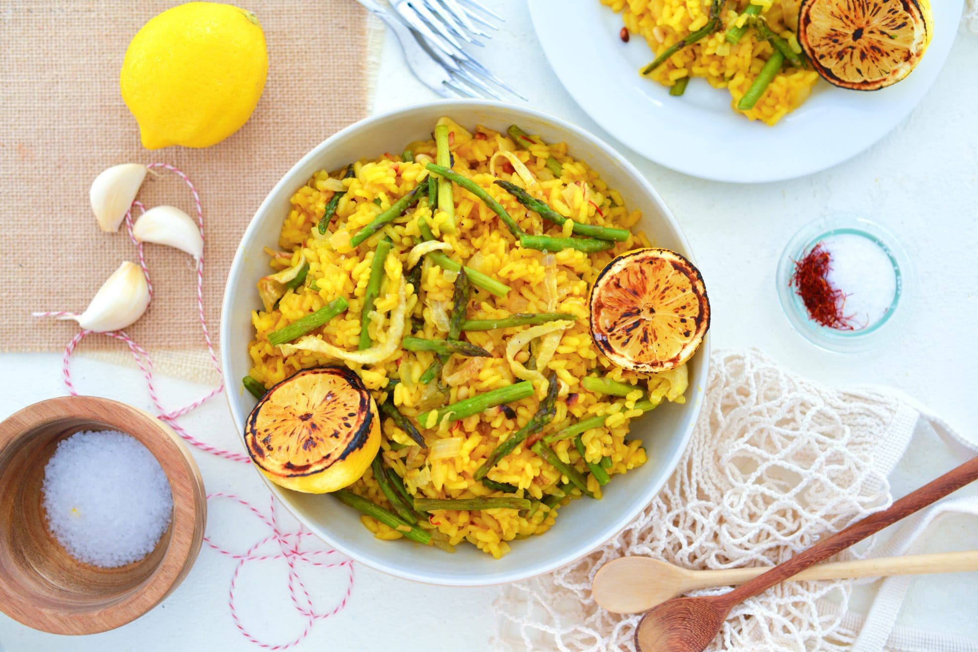 overhead lemon risotto in a white bowl