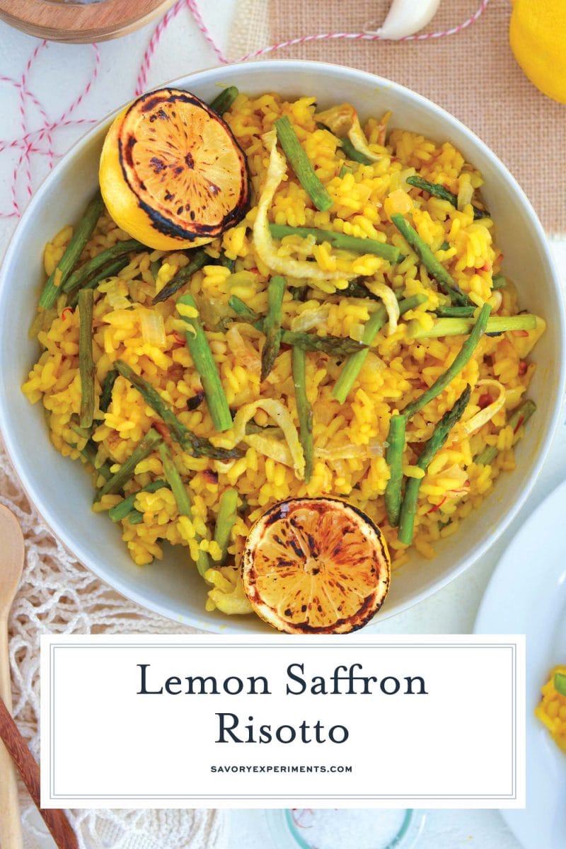 overhead shot of bowl of lemon saffron risotto with text overlay for pinterest
