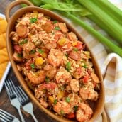 overhead of crockpot jambalaya in a serving dish