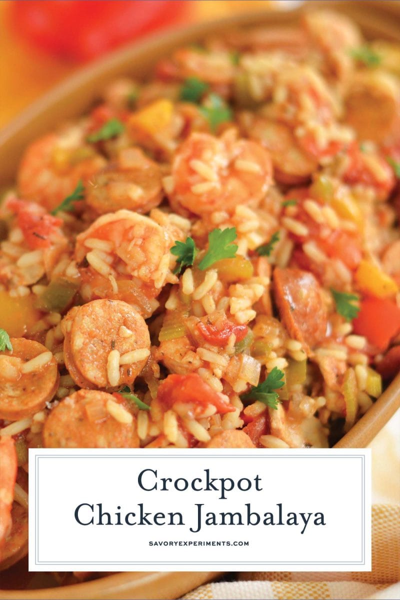 close up of jambalaya with text overlay 