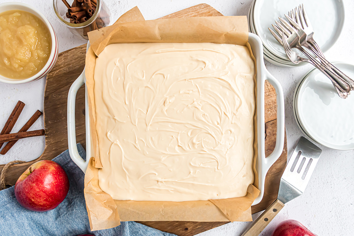 overhead of square frosted cake 