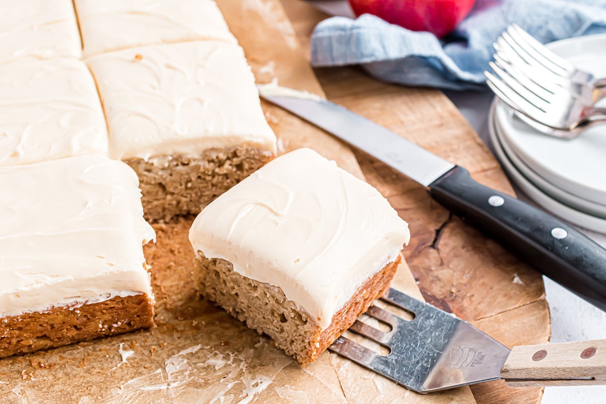 slice of apple cake on a spatula 