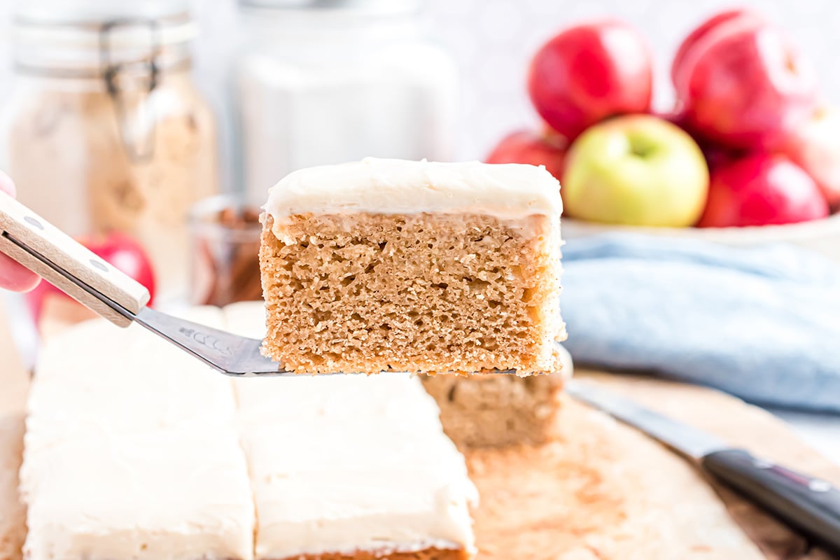 side view of applesauce cake with frosting 