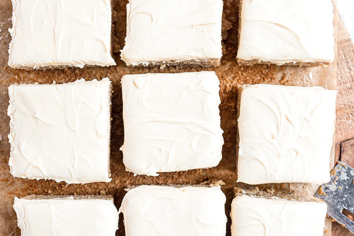 overhead slices of frosted applesauce cake 