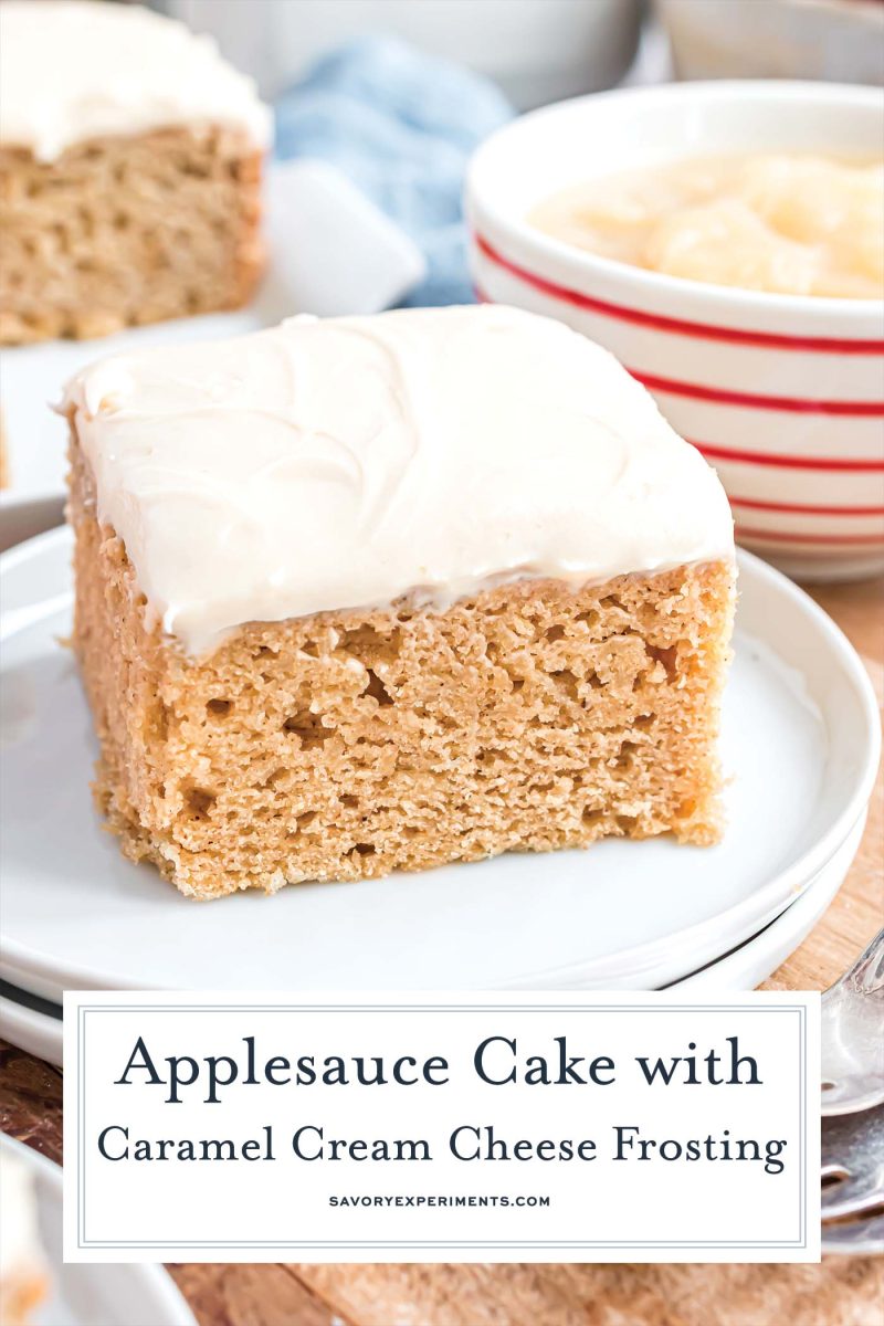 close up of slice of applesauce cake with frosting 