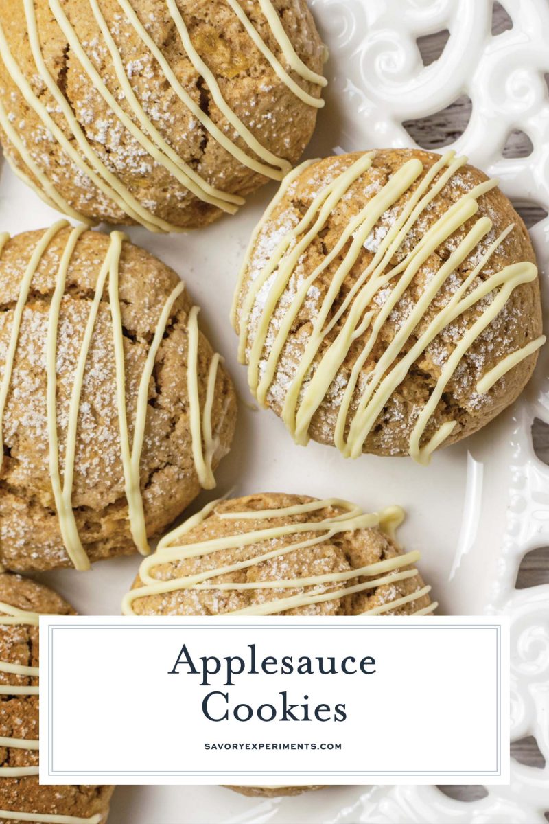 close up of applesauce cookies with white chocolate drizzle 