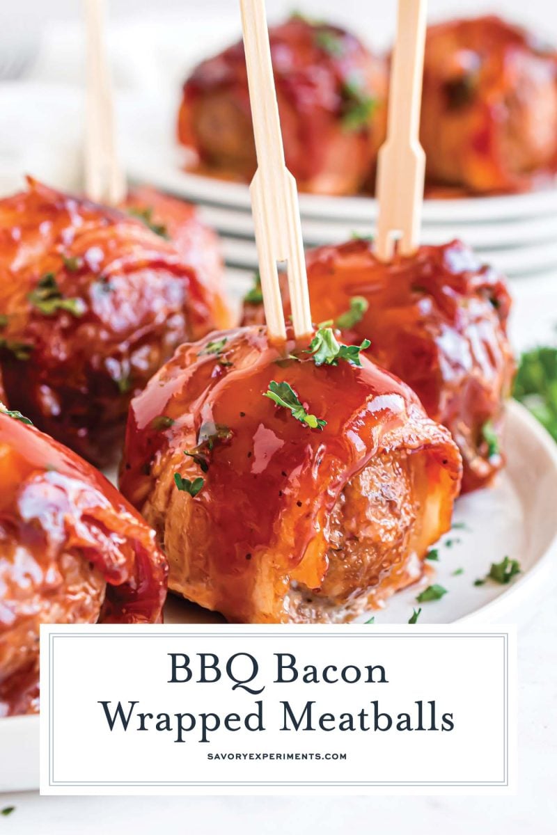 bacon wrapped bbq meatball on a toothpick 