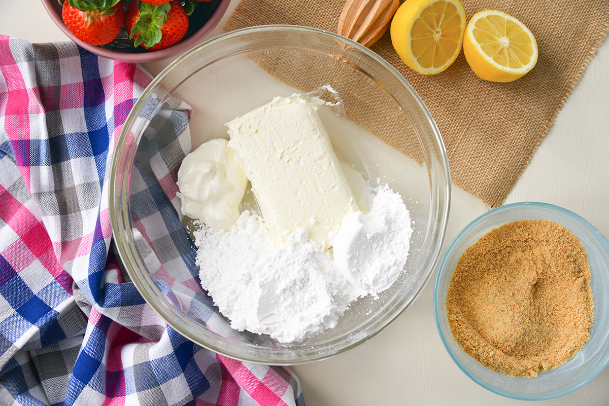 overhead shot cheesecake filling ingredients in bowl