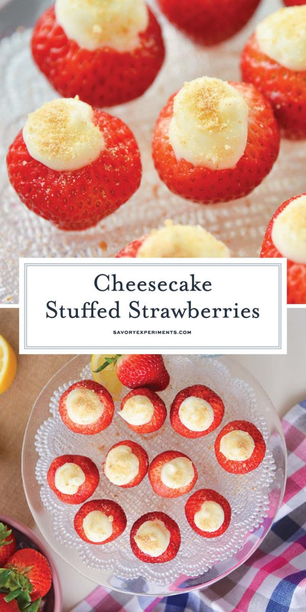 collage of cheesecake stuffed strawberries for pinterest