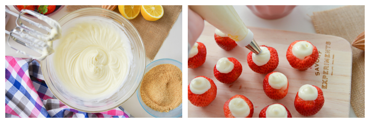 collage of cheesecake filling for strawberries