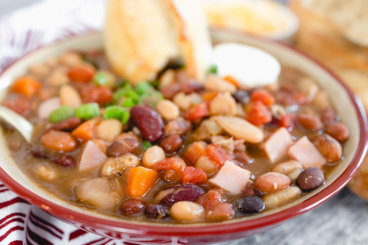 close up angled shot of bowl of 15 bean soup