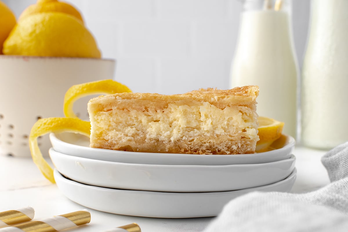 head-on slice of cheesecake on a white plate 