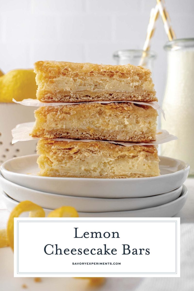 close up of a stack of cheesecake bars with lemon zest 