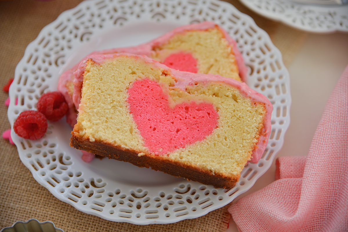 Peek-a-Boo Pound Cake with Raspberry Cream Cheese Frosting