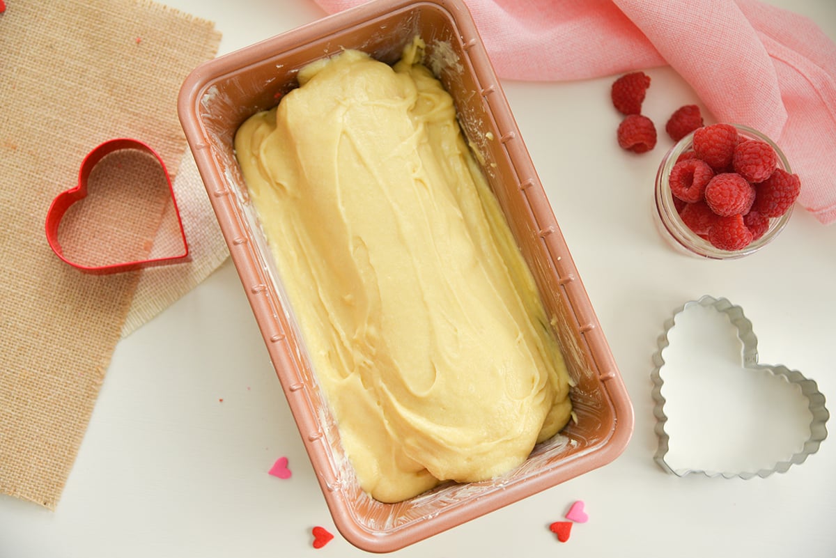 pound cake batter in a loaf pan 