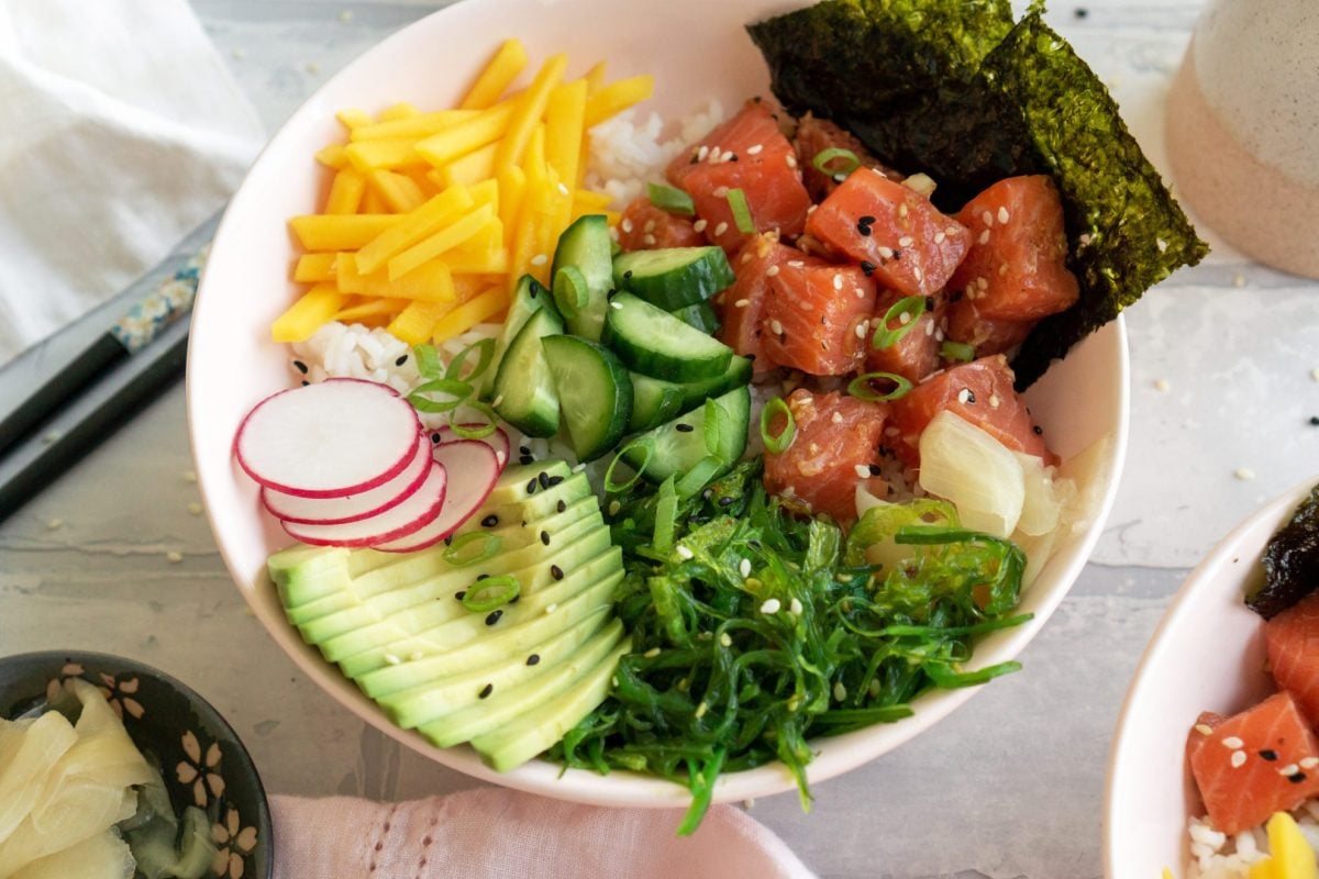 angle view of a homemade poke bowl