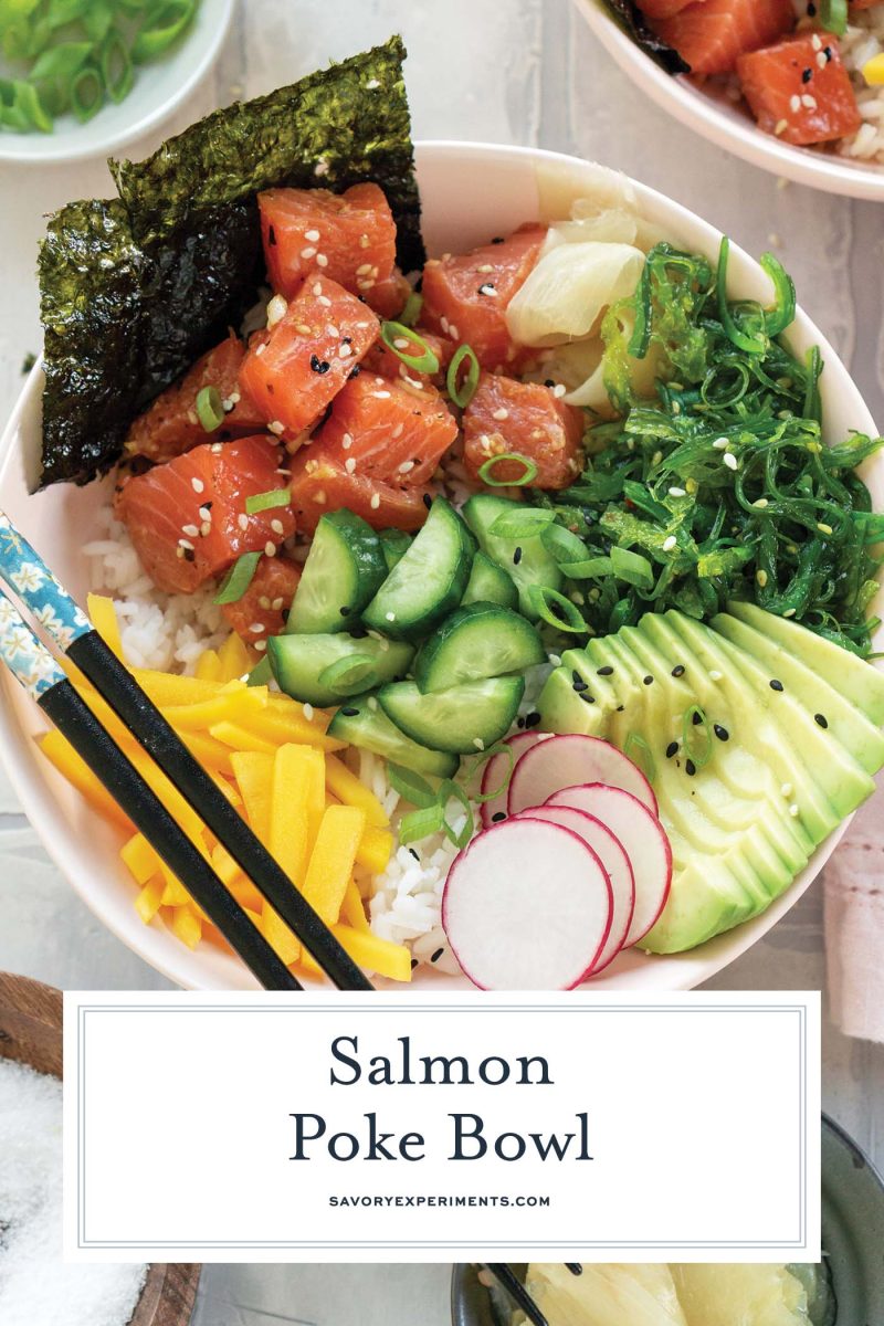 close up of salmon poke bowl recipe 