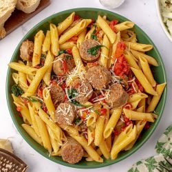 overhead of sausage pasta in a serving bowl