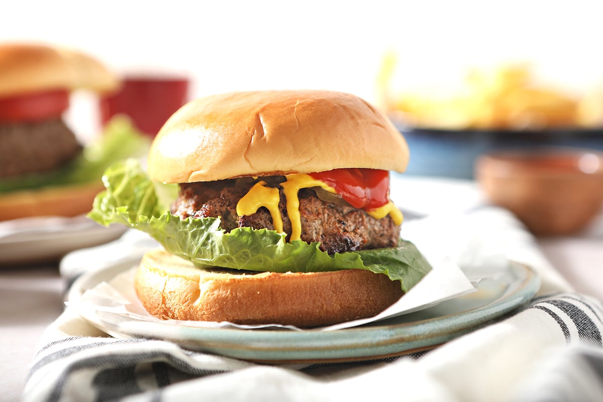 head-on view of a prepared skillet hamburger