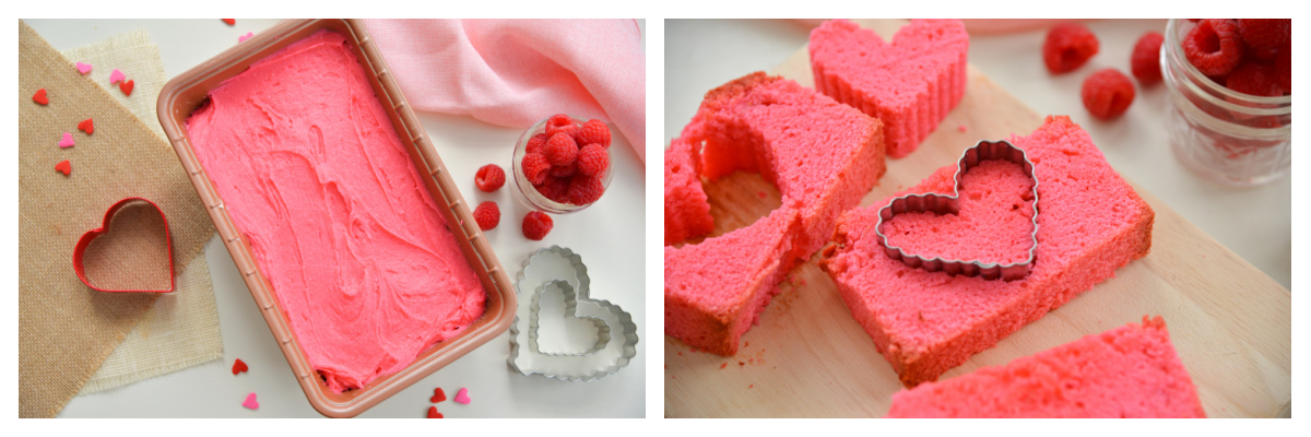 red cake batter in a loaf pan and cut cake with a cookie cutter 