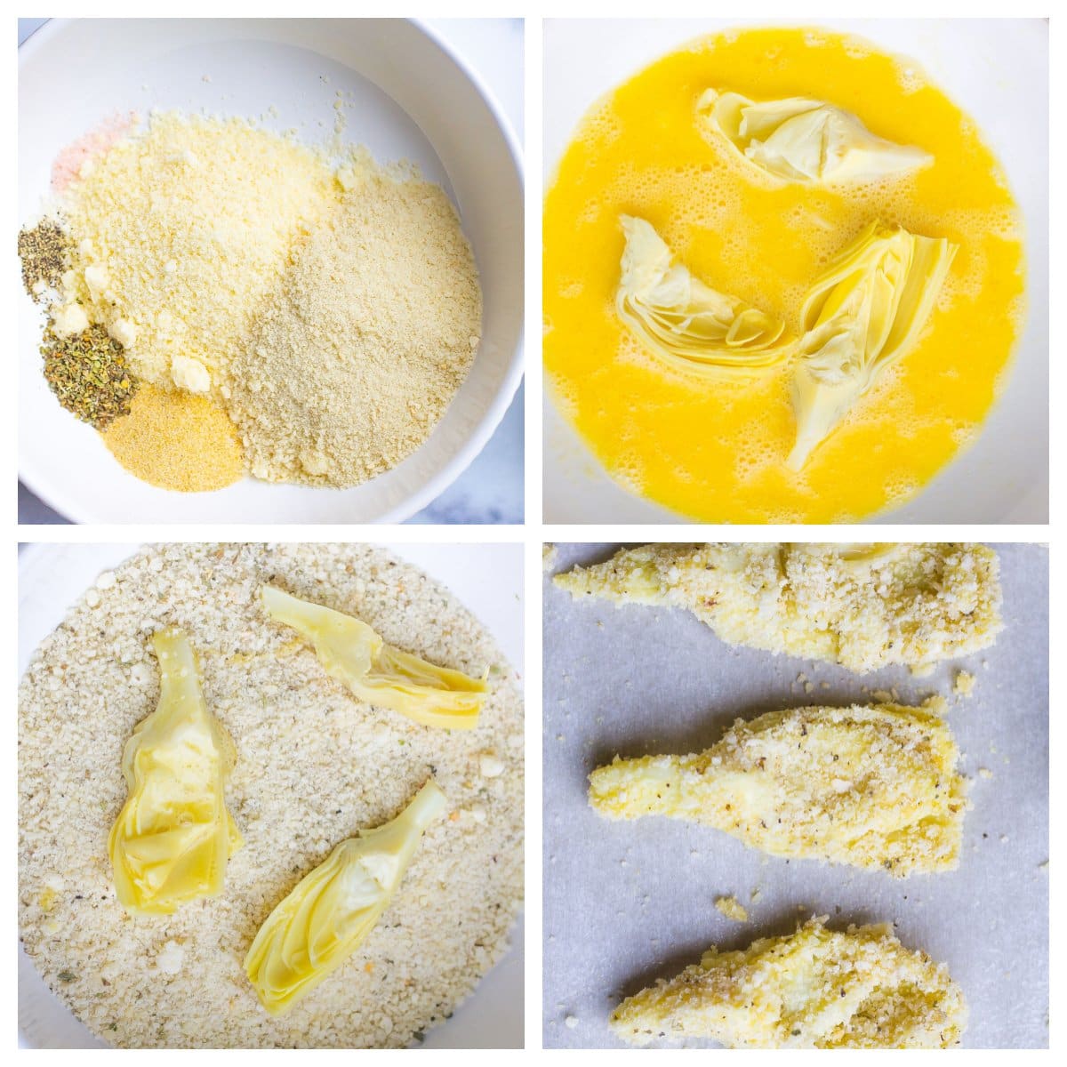 step-by-step images on how to bread artichoke hearts
