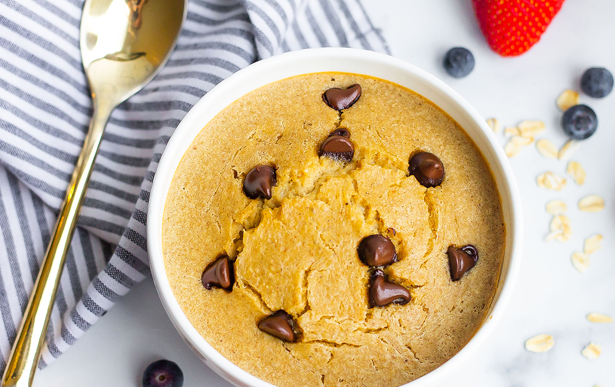 baked oats in a bowl with chocolate chips 