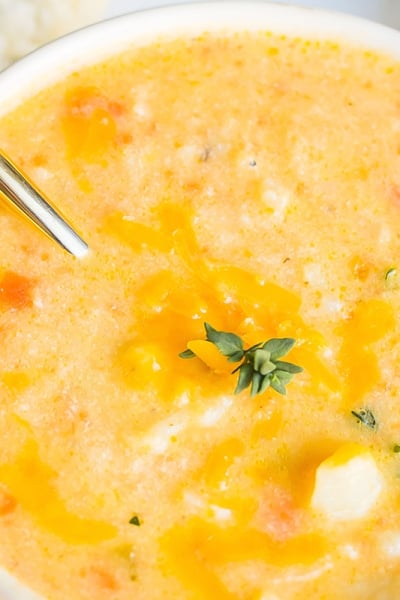 close up of cauliflower soup recipe with a spoon