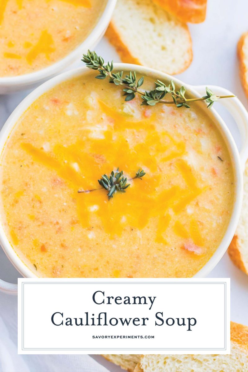 close up of cheesy soup with thyme 