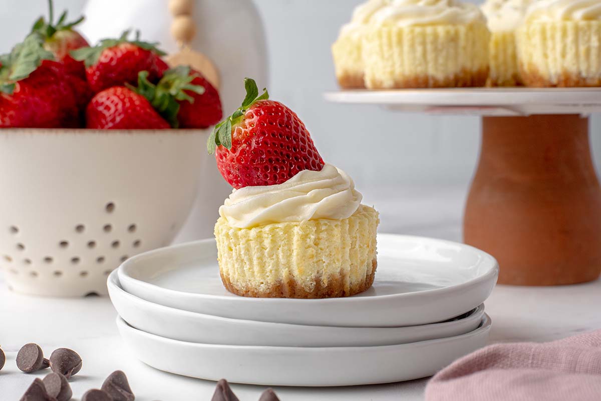 single cheesecake cupcake sitting on a stack of white plates 