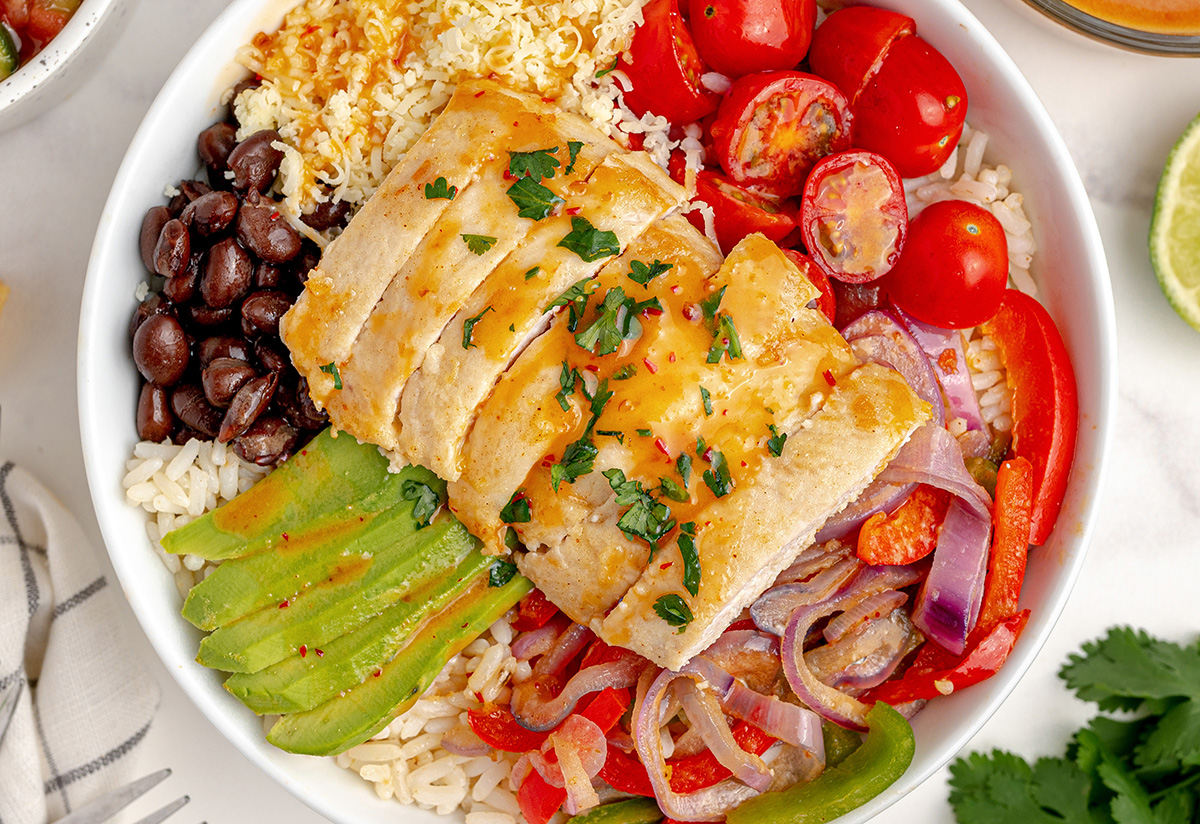 overhead shot of chipotle chicken bowl