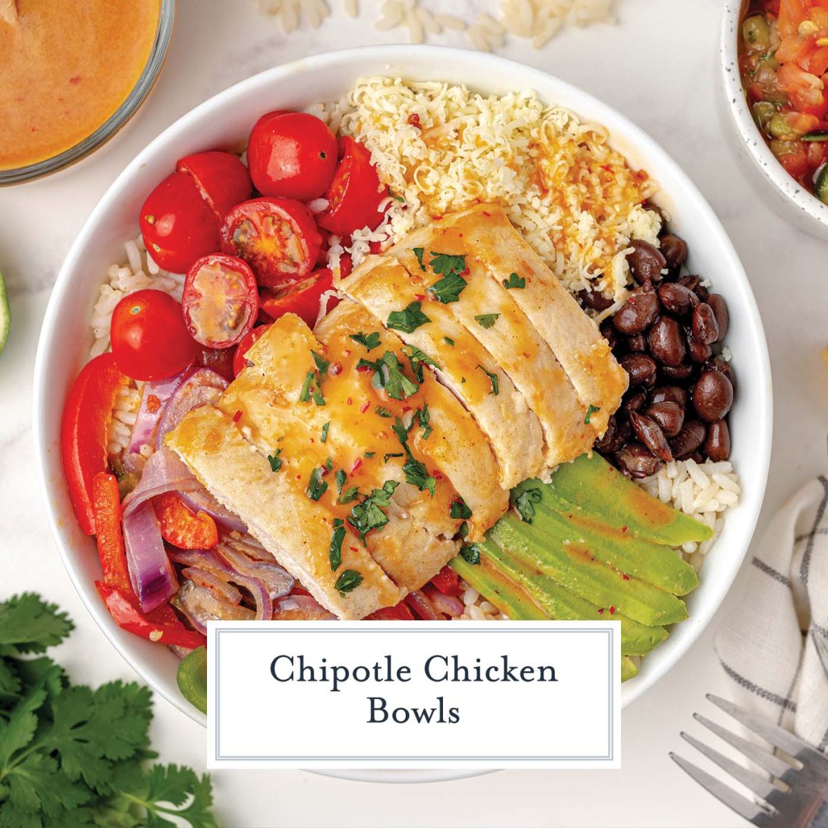 overhead of dressed chicken bowl