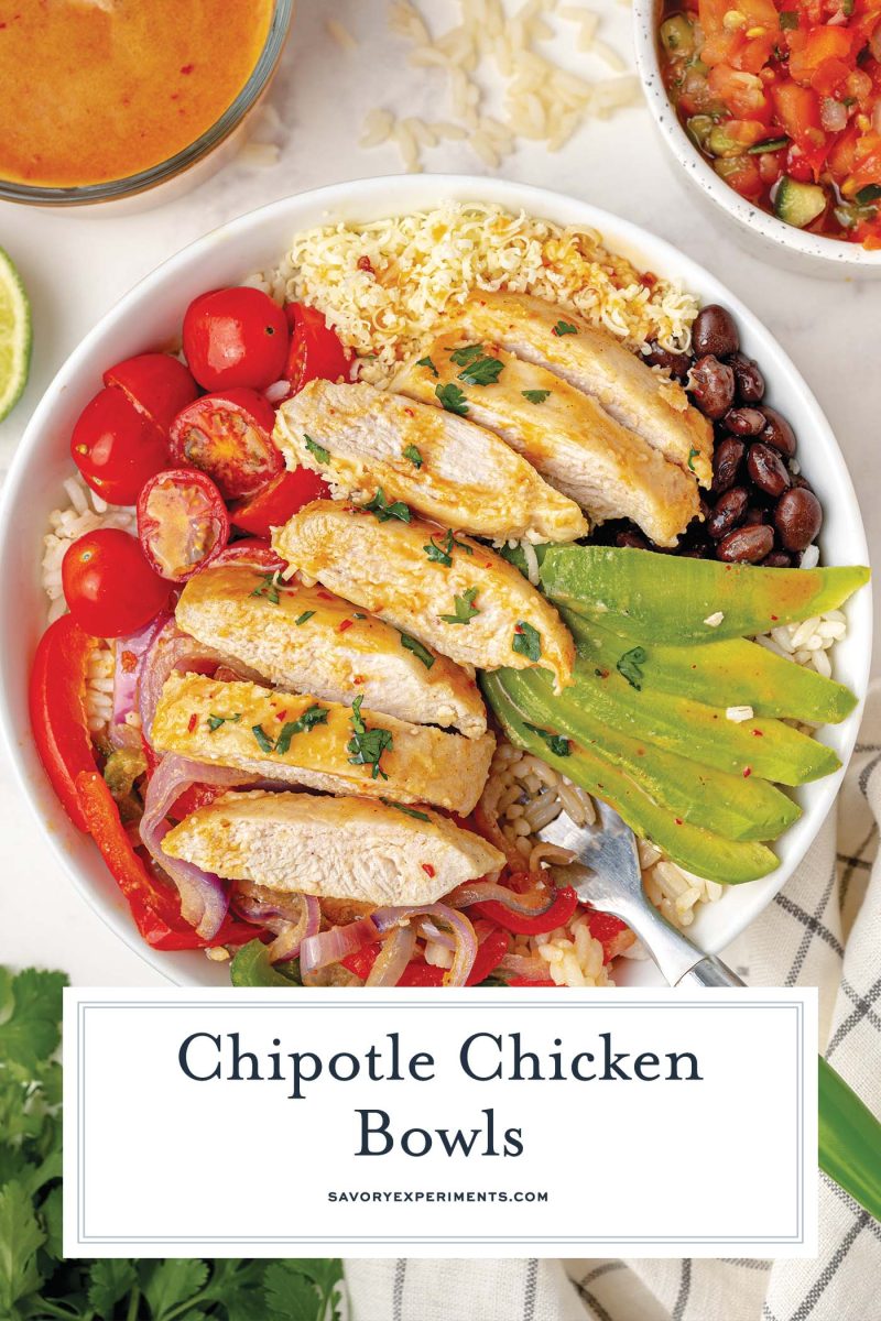 close up of chipotle chicken bowl with tomatoes and avocado 