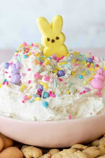 bowl of cake batter dip with peeps