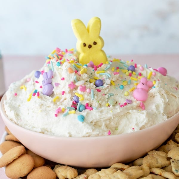 bowl of cake batter dip with peeps